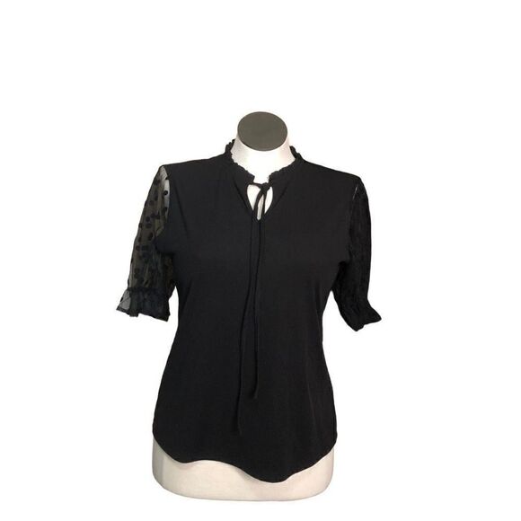 B Brand Polka Dot Mesh Puff Sleeve Blouse Black Size M - Picture 1 of 5
